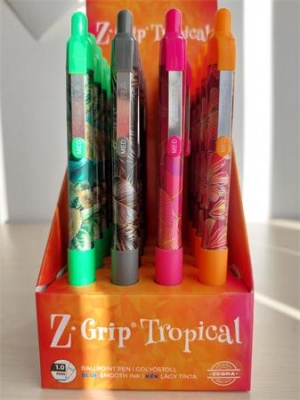 Golyóstoll display, 0,27 mm, nyomógombos, ZEBRA "Z-Grip Tropical", kék, 4 különböző minta